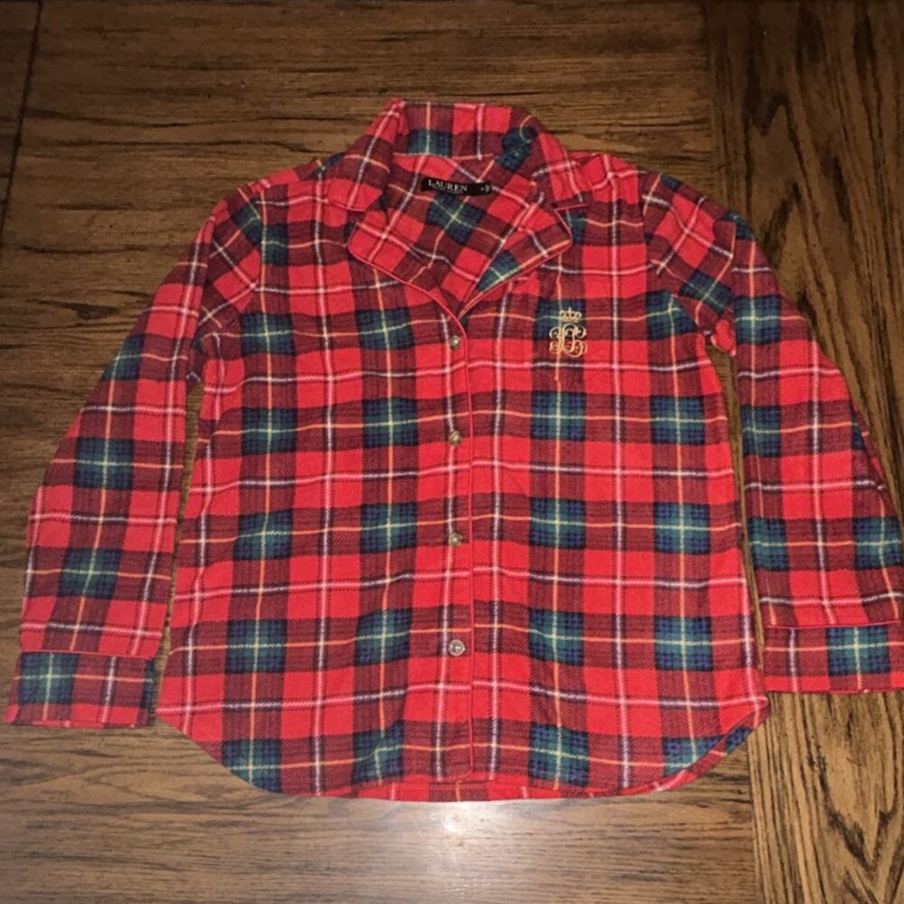 Lauren Ralph Lauren Red Blue Plaid Flannel Pajama Top M Leopard Print Collar